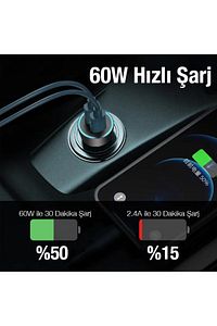 60w 2 Type-c Çıkışlı Araç Içi Çakmaklık Hızlı Şarj Başlığı uyumlu ürün fotoğrafı