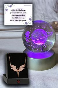 Renk Değiştiren Led Işıklı Cam Satürn Kız Küre Dolunay Lamba Kristal Top Ve Gold Melek Kolye ürün fotoğrafı