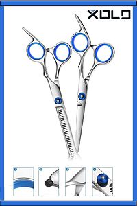 2 li Set Titanium Blue Profesyonel Kuaför Berber 6.5 inç 17 cm Saç Kesim Düz ve Ara Makas Seti ürün fotoğrafı