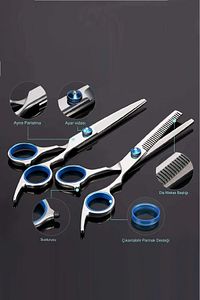 2 li Set Titanium Blue Profesyonel Kuaför Berber 6.5 inç 17 cm Saç Kesim Düz ve Ara Makas Seti ürün fotoğrafı