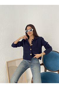 Kadın Altın Düğmeli Cep Detaylı Lacivert Blazer/Tüvit Crop Caket Kadın Hırka ürün fotoğrafı
