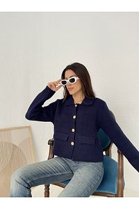 Kadın Altın Düğmeli Cep Detaylı Lacivert Blazer/Tüvit Crop Caket Kadın Hırka ürün fotoğrafı