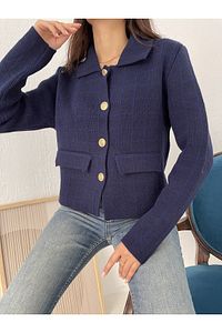 Kadın Altın Düğmeli Cep Detaylı Lacivert Blazer/Tüvit Crop Caket Kadın Hırka ürün fotoğrafı