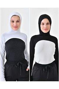 2’li Paket Boneli Boyunluklu Kolluk Siyah Beyaz Kapüşonlu Boyunluk Bere Sporcu Tesettür Bone ürün fotoğrafı