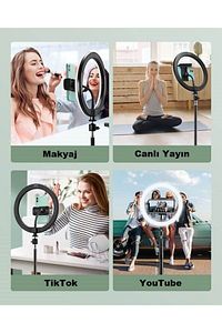 Kumandalı Youtuber Tiktok Selfi Işıklı Telefon Tutucu Makyaj Işığı Ring Light 10 Inç 2.1 M Tripod ürün fotoğrafı