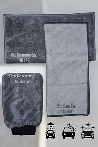 3'lü Mikrofiber Oto Yıkama Araba Kurulama Seti Kurulama Eldiven Cam Bezi ürün fotoğrafı