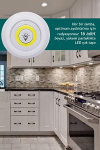 Mutfak Antre Dolap İçi Tezgah Dekoratif Pilli Spot Led Işık Kumandali 3lü Kablosuz Aydınlatma ürün fotoğrafı