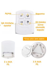 Mutfak Antre Dolap İçi Tezgah Dekoratif Pilli Spot Led Işık Kumandali 3lü Kablosuz Aydınlatma ürün fotoğrafı