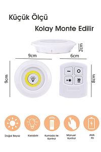 Mutfak Antre Dolap İçi Tezgah Dekoratif Pilli Spot Led Işık Kumandali 3lü Kablosuz Aydınlatma ürün fotoğrafı