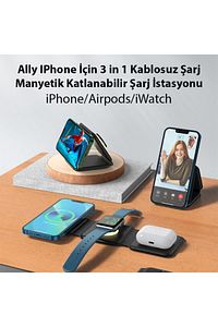 IPhone İçin 3 in 1 Kablosuz Şarj Manyetik Katlanabilir Şarj İstasyonu BEYAZ ürün fotoğrafı