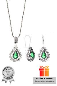 925 Ayar Gümüş Taşlı Damla Model Oksitli Telkari Kadın Set (ÖZEL KUTULU) ürün fotoğrafı