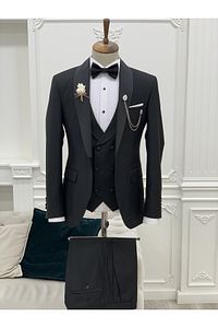 Battal Boy Erkek Smokin Damatlık Şal Yaka İtalyan Kesim Slim Fit Ceket Yelek Pantolon Papyon-Siyah ürün fotoğrafı