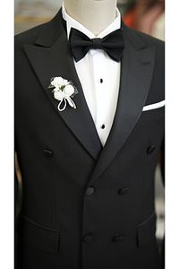 Erkek Kruvaze Smokin Damatlık Kırlangıç Yaka İtalyan Kesim Slim Fit Ceket Pantolon Papyon-Siyah ürün fotoğrafı