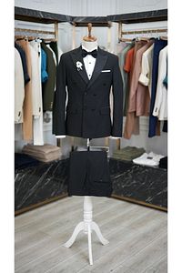 Erkek Kruvaze Smokin Damatlık Kırlangıç Yaka İtalyan Kesim Slim Fit Ceket Pantolon Papyon-Siyah ürün fotoğrafı