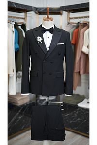Erkek Kruvaze Smokin Damatlık Kırlangıç Yaka İtalyan Kesim Slim Fit Ceket Pantolon Papyon-Siyah ürün fotoğrafı