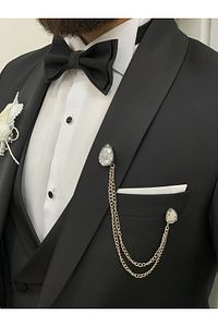 Battal Boy Erkek Smokin Damatlık Şal Yaka İtalyan Kesim Slim Fit Ceket Yelek Pantolon Papyon-Siyah ürün fotoğrafı