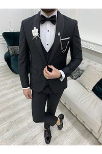 Battal Boy Erkek Smokin Damatlık Şal Yaka İtalyan Kesim Slim Fit Ceket Yelek Pantolon Papyon-Siyah ürün fotoğrafı