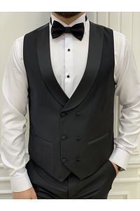 Battal Boy Erkek Smokin Damatlık Şal Yaka İtalyan Kesim Slim Fit Ceket Yelek Pantolon Papyon-Siyah ürün fotoğrafı