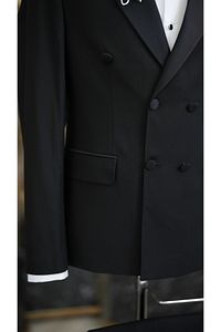 Erkek Kruvaze Smokin Damatlık Kırlangıç Yaka İtalyan Kesim Slim Fit Ceket Pantolon Papyon-Siyah ürün fotoğrafı