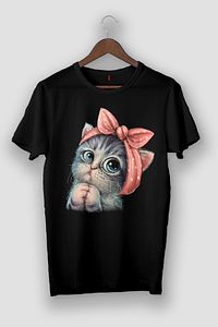 Kadın Siyah Sevimli Minik Kedi Baskılı T-shirt ürün fotoğrafı