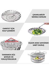 Katlanır Buharda Sebze Pişirici Haşlayıcı Haşlama Sepeti Aparatı Paslanmaz Çelik Buharlı Pişirici ürün fotoğrafı