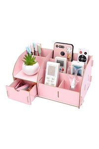 Pembe Çekmeceli Ahşap Masaüstü Kalemlik Kalem Kutusu Organizer Montajı Yapılmış Kutulu Ürün ürün fotoğrafı