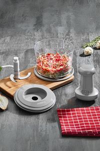 Büyük Paslanmaz Çelik Bıçaklı Karışık Renk Üstten Basmalı El Rondosu Blender Soğan Sebze Doğrayıcı ürün fotoğrafı