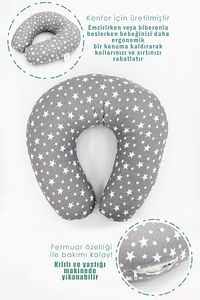 Çift Taraflı Emzirme Yastığı /bebek Destek Minderi, Hamile Yastığı, Pamuklu Kumaş, Stars, Antrasit ürün fotoğrafı