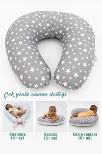 Çift Taraflı Emzirme Yastığı /bebek Destek Minderi, Hamile Yastığı, Pamuklu Kumaş, Stars, Antrasit ürün fotoğrafı