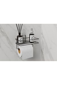 Yapışkanlı Raflı Siyah Tuvalet Kağıtlığı Tutacağı Askısı Metal Tuvalet Kağıtlık Wc Kağıt Tutacağı ürün fotoğrafı