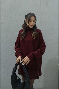 Bordo Pileli Mini Etek Balıkçı Kazak Alt Üst Triko Takım ürün fotoğrafı