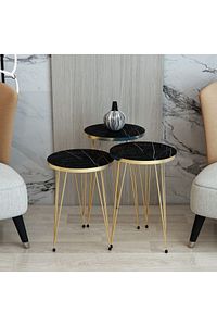 Siyah Mermer Desenli Üçlü Zigon Sehpa,gold Metal Ayaklı Zigon Sehpa,siyah Zigon Sehpa Seti ürün fotoğrafı