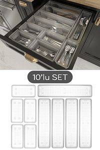 10'lu Modüler Set Kaşıklık Çekmece Içi Düzenleyici Çatal Kaşık Bıçak Düzenleme Organizeri Şeffaf ürün fotoğrafı