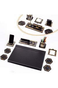 Roxy Siyah Deri Sümen Takımı Gold Mermer Desen Ahşap Isme Özel Masa Isimliği Masaüstü Isimlik Seti ürün fotoğrafı
