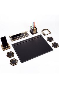 Roxy Siyah Deri Sümen Takımı Gold Mermer Desen Ahşap Isme Özel Masa Isimliği Masaüstü Isimlik Seti ürün fotoğrafı