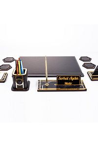 Roxy Siyah Deri Sümen Takımı Gold Mermer Desen Ahşap Isme Özel Masa Isimliği Masaüstü Isimlik Seti ürün fotoğrafı
