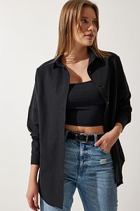 Kadın Siyah Oversize Uzun Basic Gömlek DD00842 ürün fotoğrafı