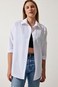 Kadın Beyaz Oversize Uzun Basic Gömlek DD00842 ürün fotoğrafı