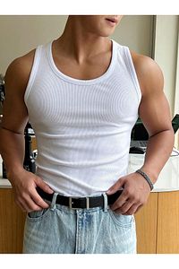 Erkek Beyaz Slimfit Kaşkorse Tank Top Atlet ürün fotoğrafı