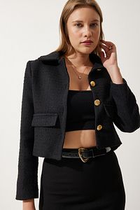 Kadın Siyah Crop Tüvit Blazer Ceket TO00039 ürün fotoğrafı