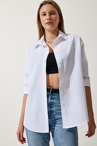 Kadın Beyaz Oversize Uzun Basic Gömlek DD00842 ürün fotoğrafı