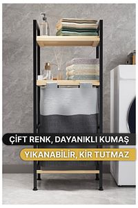 Çamaşır Sepeti Ahşap Raflı Kirli Sepeti 2 Katlı Büyük Boy Kapaklı Çok Amaçlı Banyo Düzenleyici ürün fotoğrafı