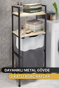 Çamaşır Sepeti Ahşap Raflı Kirli Sepeti 2 Katlı Büyük Boy Kapaklı Çok Amaçlı Banyo Düzenleyici ürün fotoğrafı