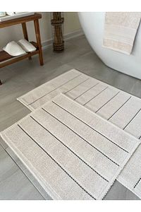 Basic Stripe Doğal Pamuklu 2'li Banyo Paspas Seti 60x100 50x60 Cm Ekru / Siyah Çizgili ürün fotoğrafı