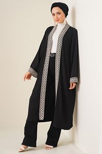 5865 Nakışlı Örme Uzun Kimono - Siyah ürün fotoğrafı