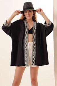 5866 Nakışlı Örme Kimono - Siyah ürün fotoğrafı