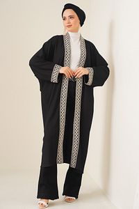 5865 Nakışlı Örme Uzun Kimono - Siyah ürün fotoğrafı