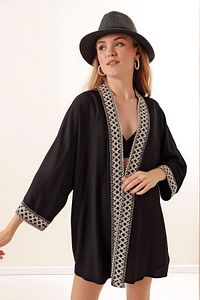 5866 Nakışlı Örme Kimono - Siyah ürün fotoğrafı