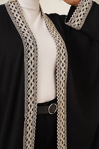 5865 Nakışlı Örme Uzun Kimono - Siyah ürün fotoğrafı