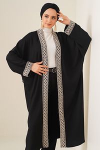 5865 Nakışlı Örme Uzun Kimono - Siyah ürün fotoğrafı